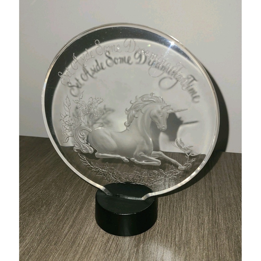 VTG Hallmark Unicorn Dreaming Time Etched Acrylic Plaque 1979 Fantasy Decor